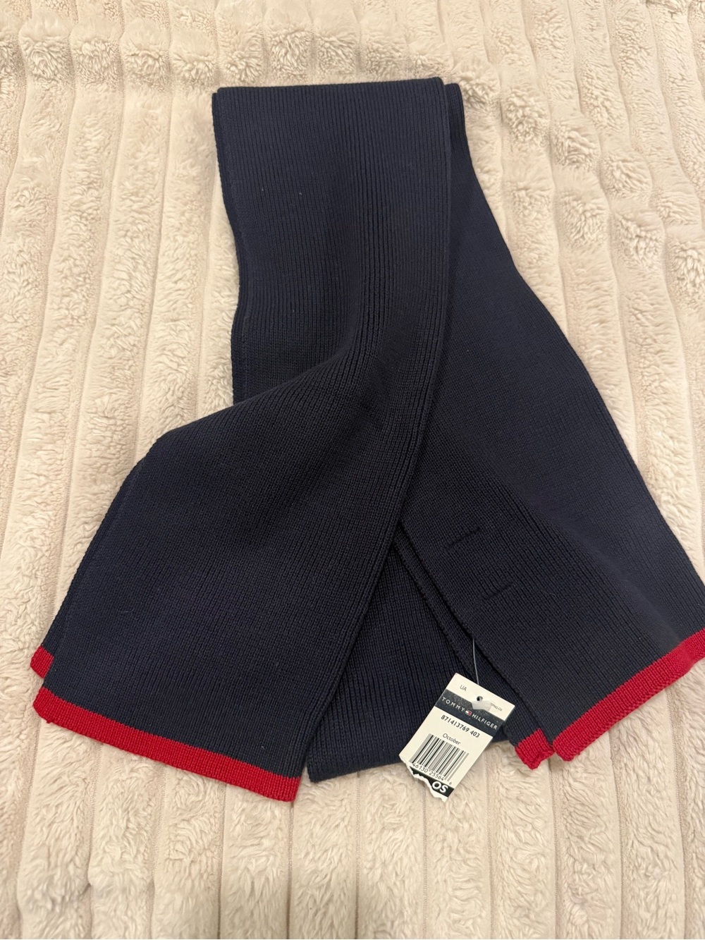 Tommy Hilfiger Navy Knit Scarf with Red Trim